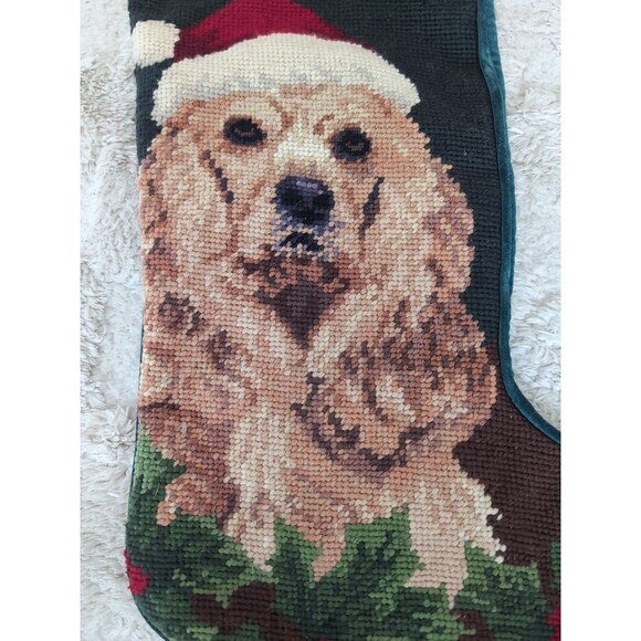 Vtg Needlepoint Christmas Stocking Cocker Spaniel Dog Holly - Picture 2 of 6